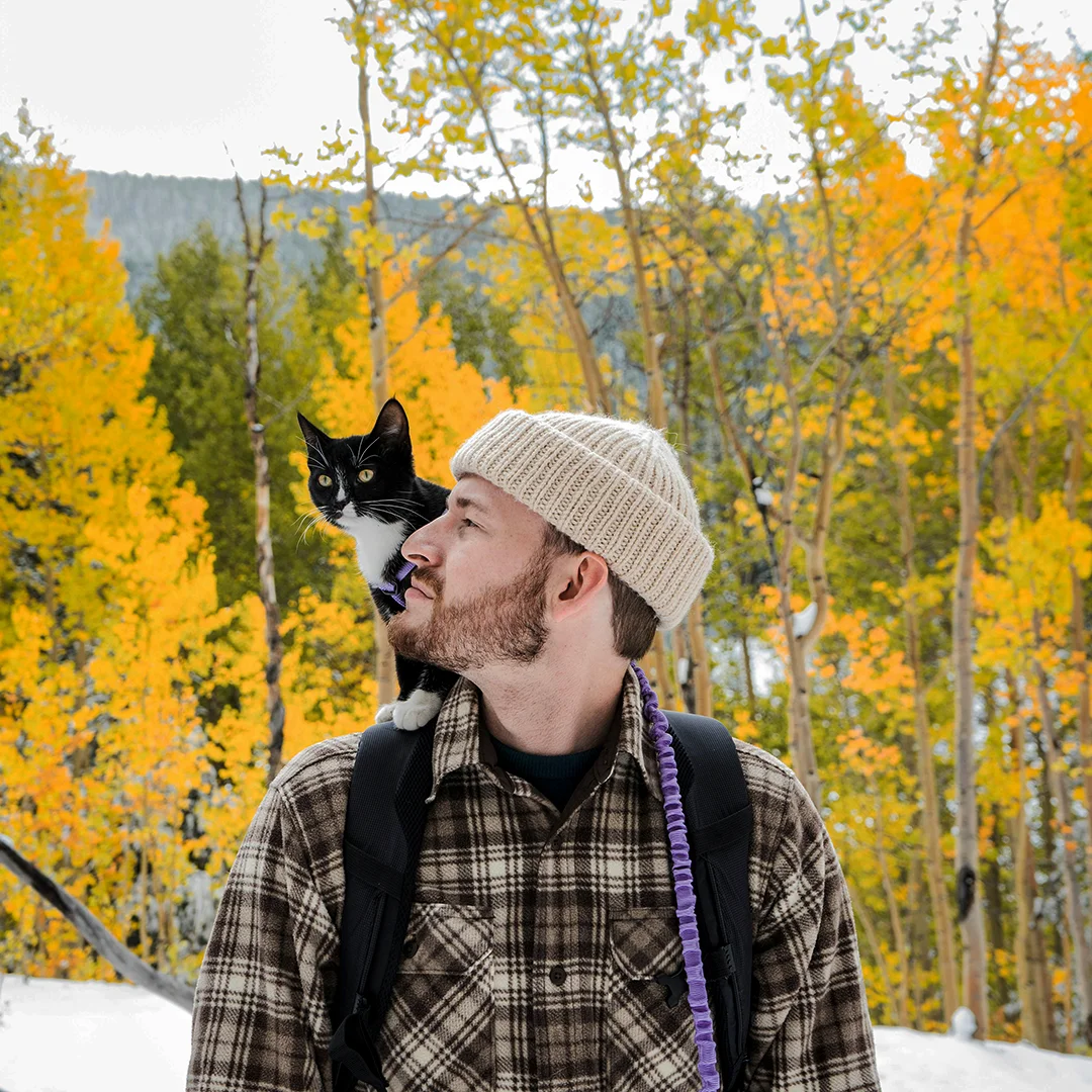 Man Hiking with Cat on Shoulder - 1080x1080 Man Hiking with Cat on Shoulder