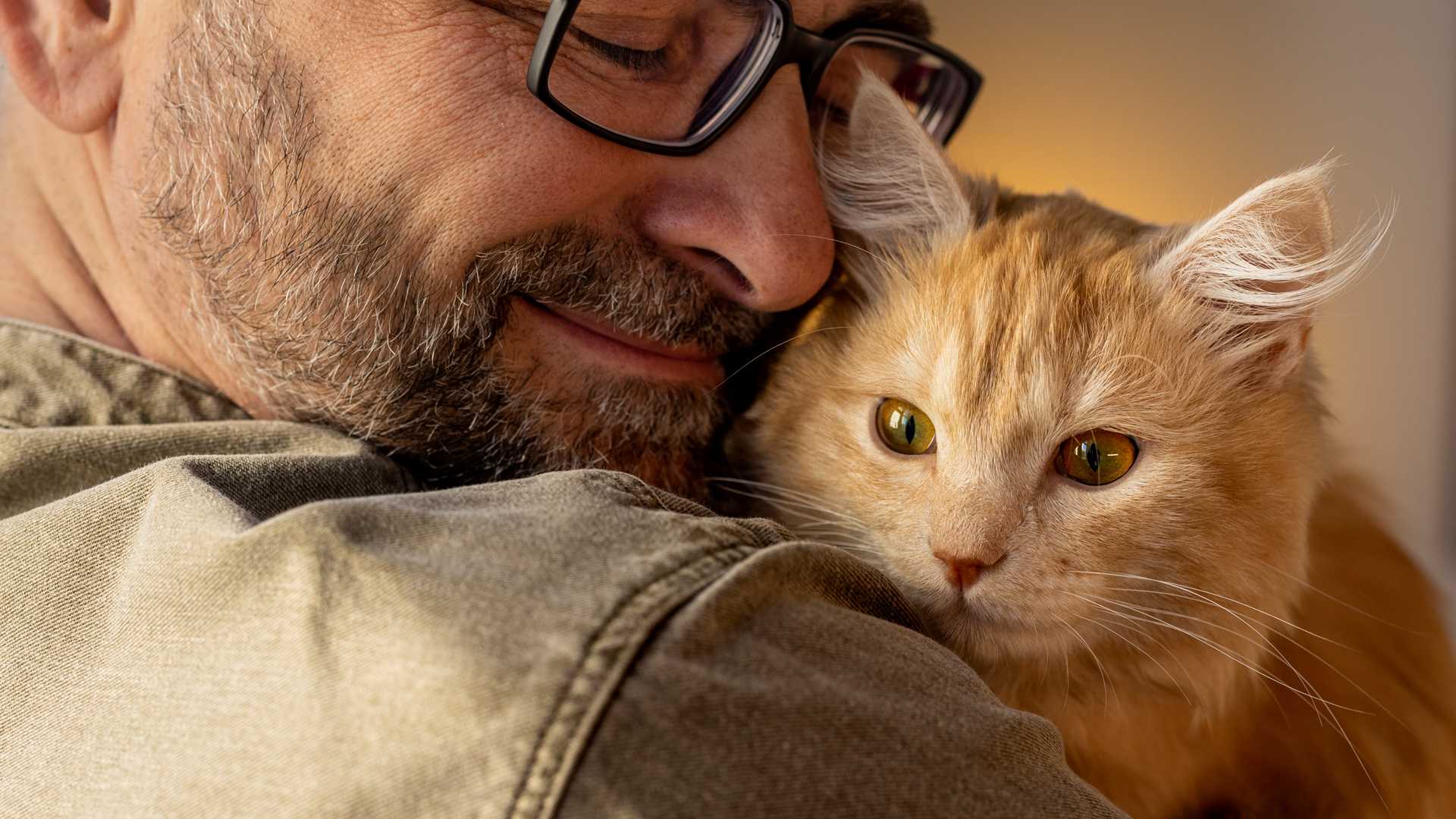 man hugging ginger cat
